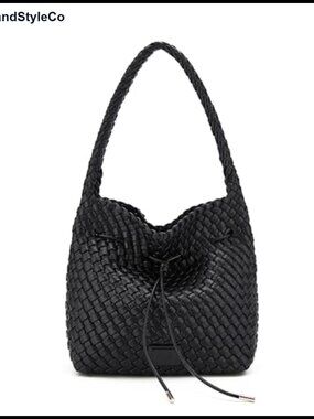 Woven Vegan Leather Shoulder Bag Drawstring Bucket Handbag